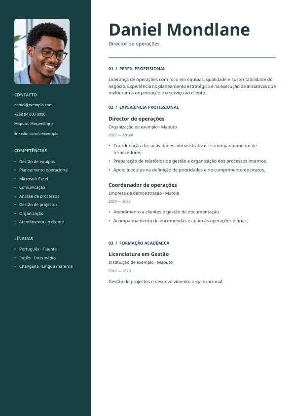 Exemplo Atlas: Faixa lateral escura · Retrato editorial · Secções numeradas