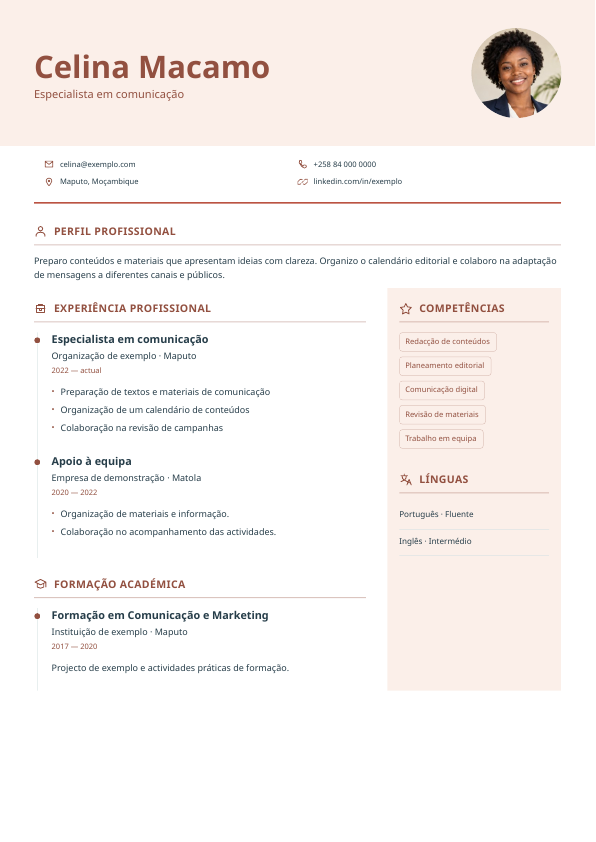 Exemplo Expressão · Expressivo: Retrato circular, cabeçalho suave e apontamentos de cor.