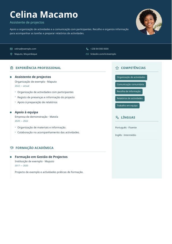 Exemplo Impacto · Presença: Cabeçalho azul profundo e identidade em destaque.